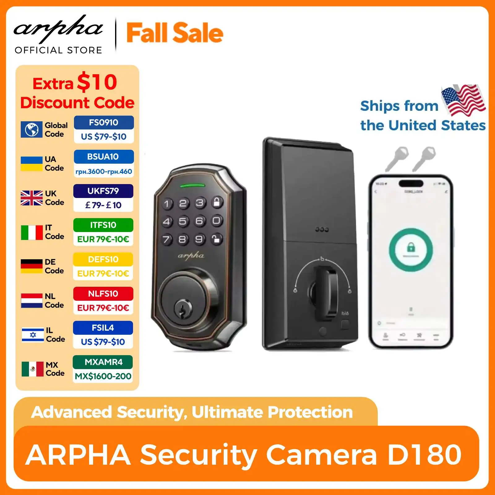 

Arpha Smart Door Lock ‎Keyless Entry Lock w/ 100 Code 16-Digit Anti Peeping Password Electronic Deadbolt Easy to Install D180
