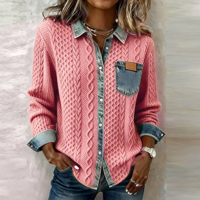 امرأة الموضة المرقعة محبوك سترة الخريف بدوره إلى أسفل طوق زر سترة الشتاء طويلة الأكمام تريكو قميص ملابس خارجية