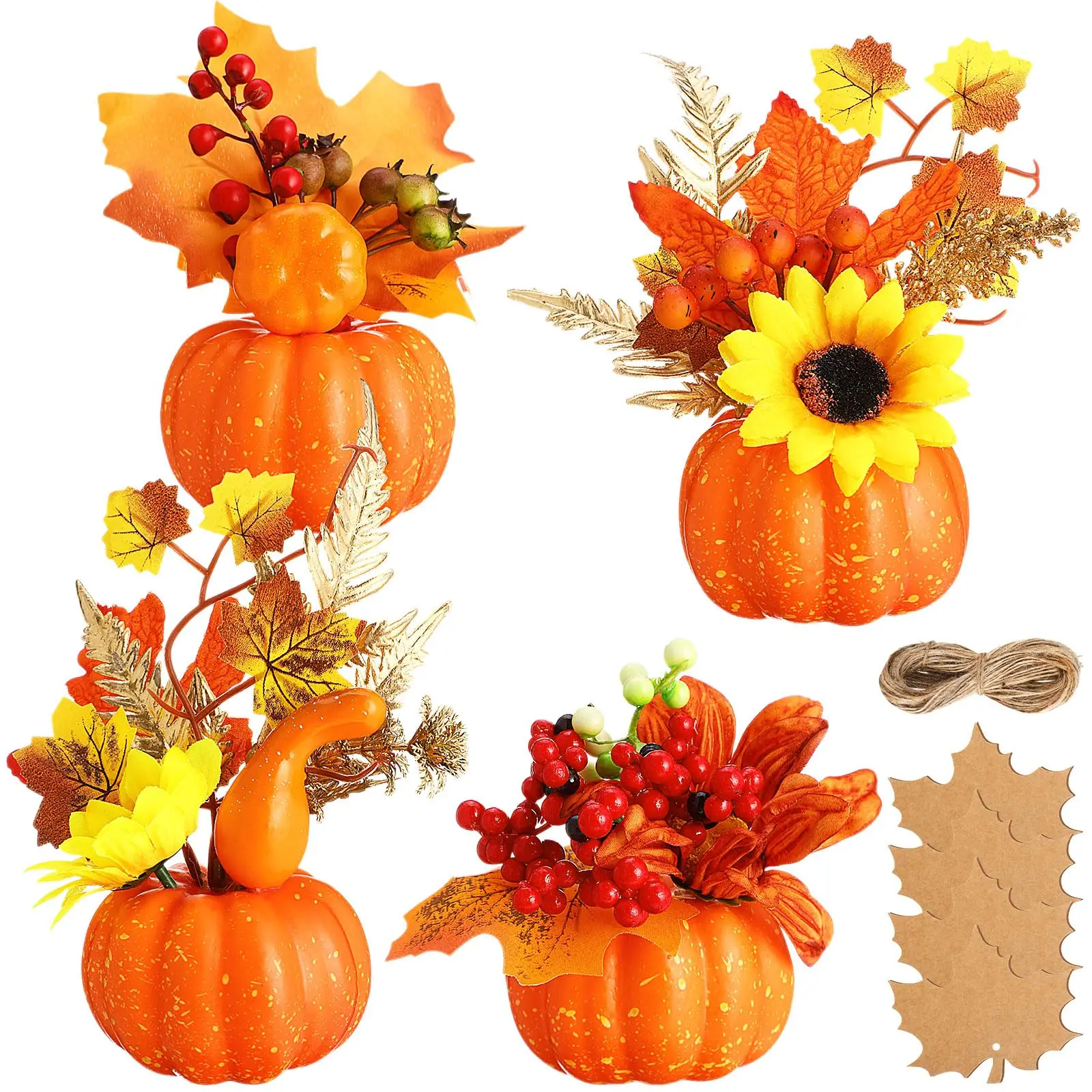 

Artificial Pumpkins Fall Decor Faux Thanksgiving Floral Arrangements Maple Leaf Berry Bouquet for Autumn Harvest Tabletop Decor
