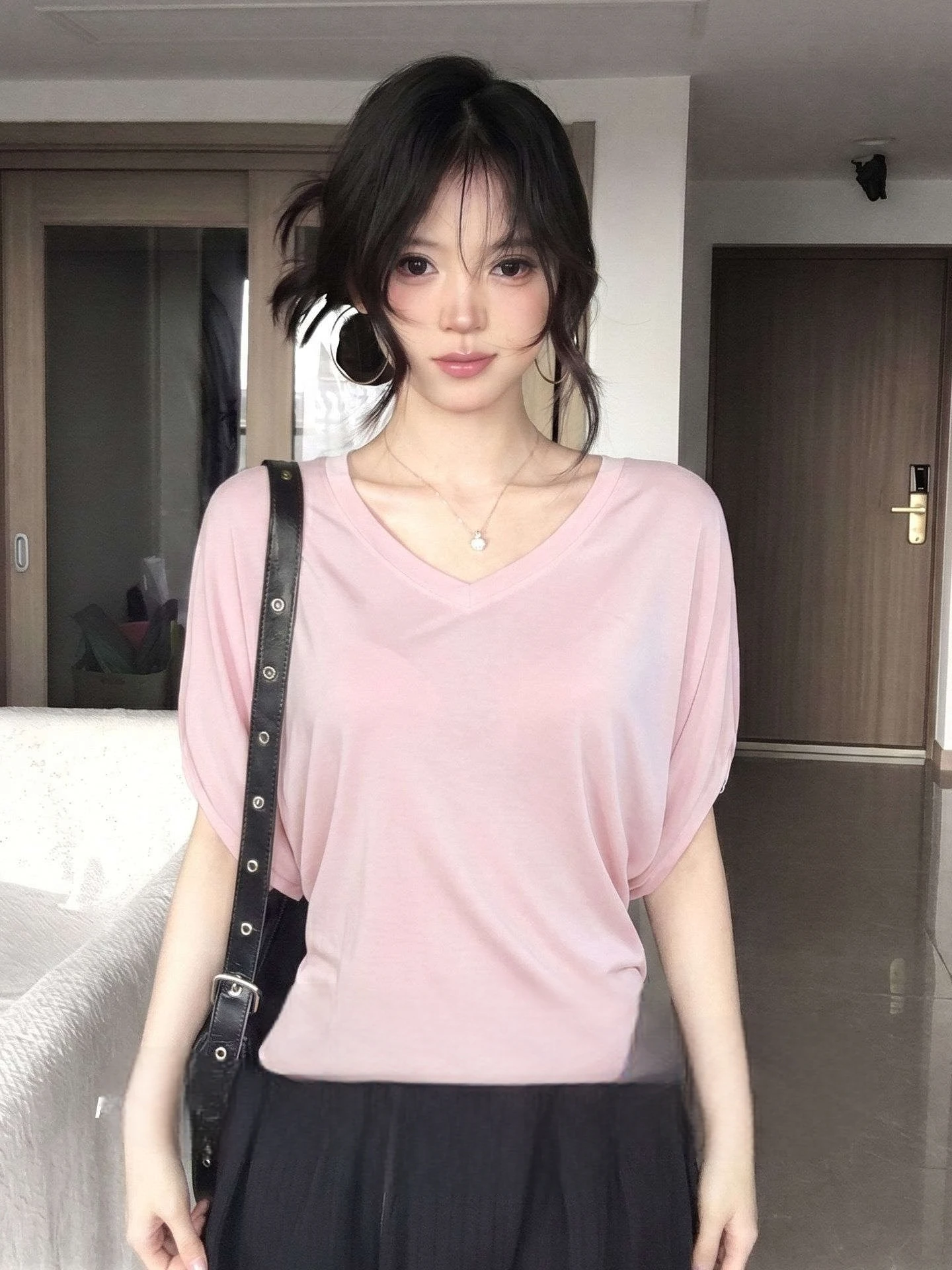 Pure Desire Atmosphere Batwing Sleeve Micro Transparent T-Shirt Women's Summer Slimming Design Unique Pink V-neck Top