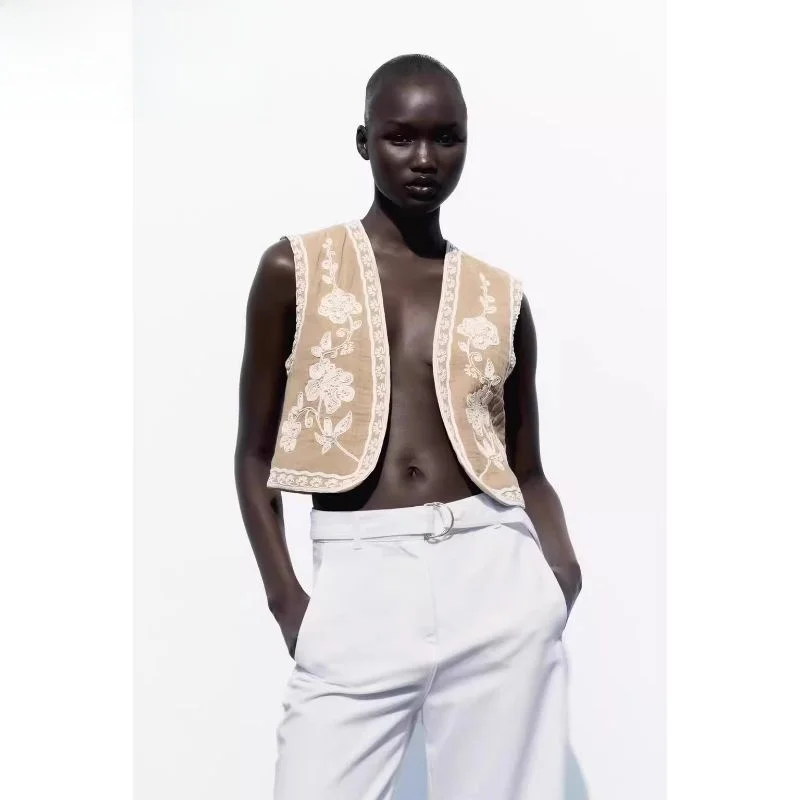 

Retro Sweet Color Blo Embroidery ort Open Front Vest New Summer Women's Faion Original Design Linen Material V Ne