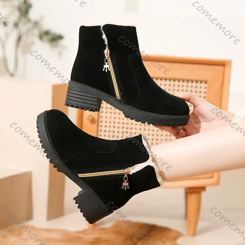 Comemore Winter New Square Heel Cotton Boots Fashion Round Toe Suede Padded Warm Snow Botas Casual Side Zipper Platform Booties