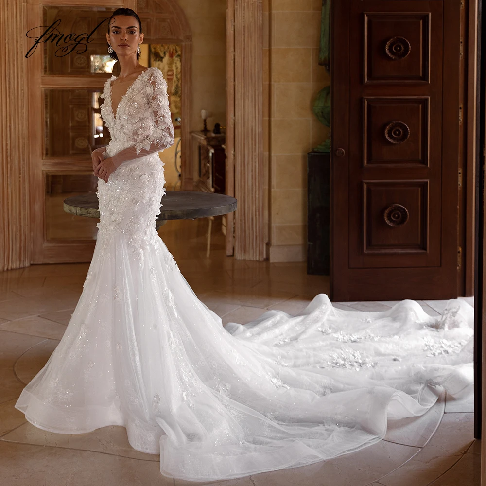 

Fmogl Elegant V Neck Long Sleeve Lace Mermaid Wedding Dresses Sexy Backless Appliques Beaded Court Train Trumpet Bridal Gown