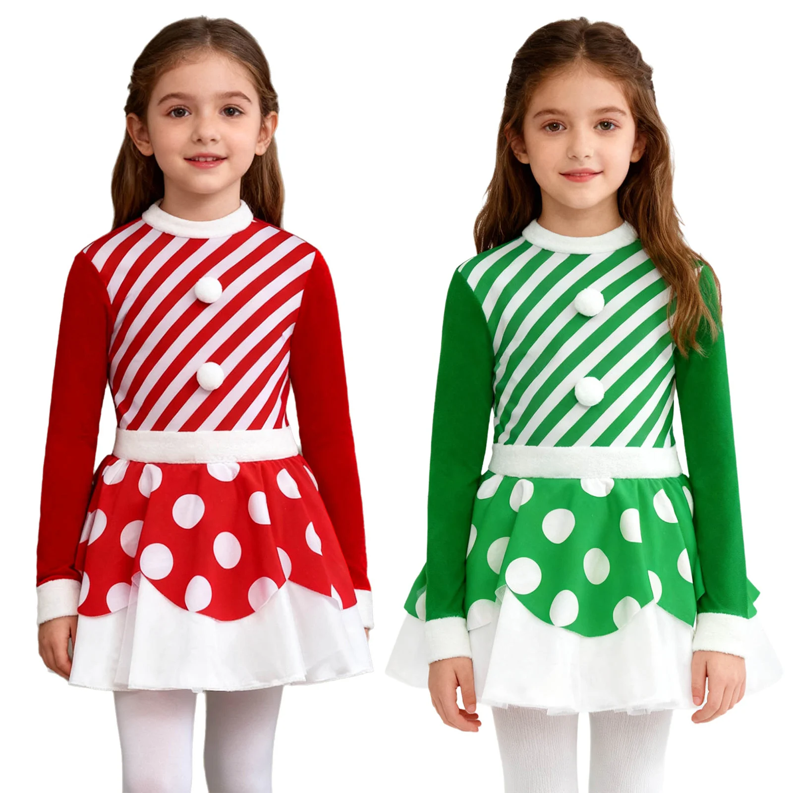 キッズガールズベルベットクリスマスサンタクロースコスチュームクリスマスホリデーファンシーパーティーチュチュドレス体操レオタードポンポンスケートダンスウェア