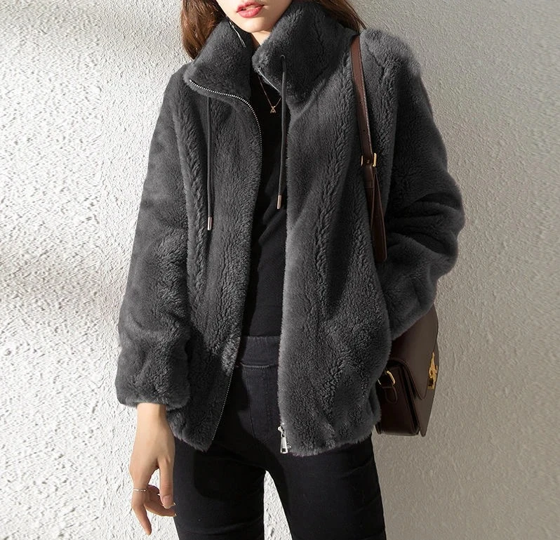 

Female Winter Jacket Thickened Double-sided Velvet Stand-up Collar Warm Retro Style Elegant Short Women