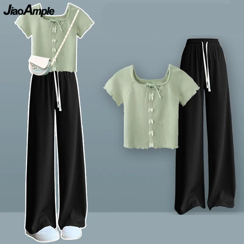 Women Summer Preppy Style Cute Bowknot Shorts T Shirts Wide Leg Pants Single or Set Lady Green Short Sleeve Tops Trousers Outfit