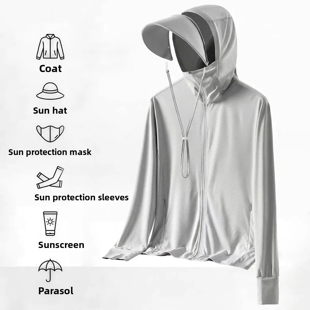 Unisex UPF50+ Ice Silk Sun Protection Clothes Thin Breathable Outdoor Fishing Sports Hooded Outerwear