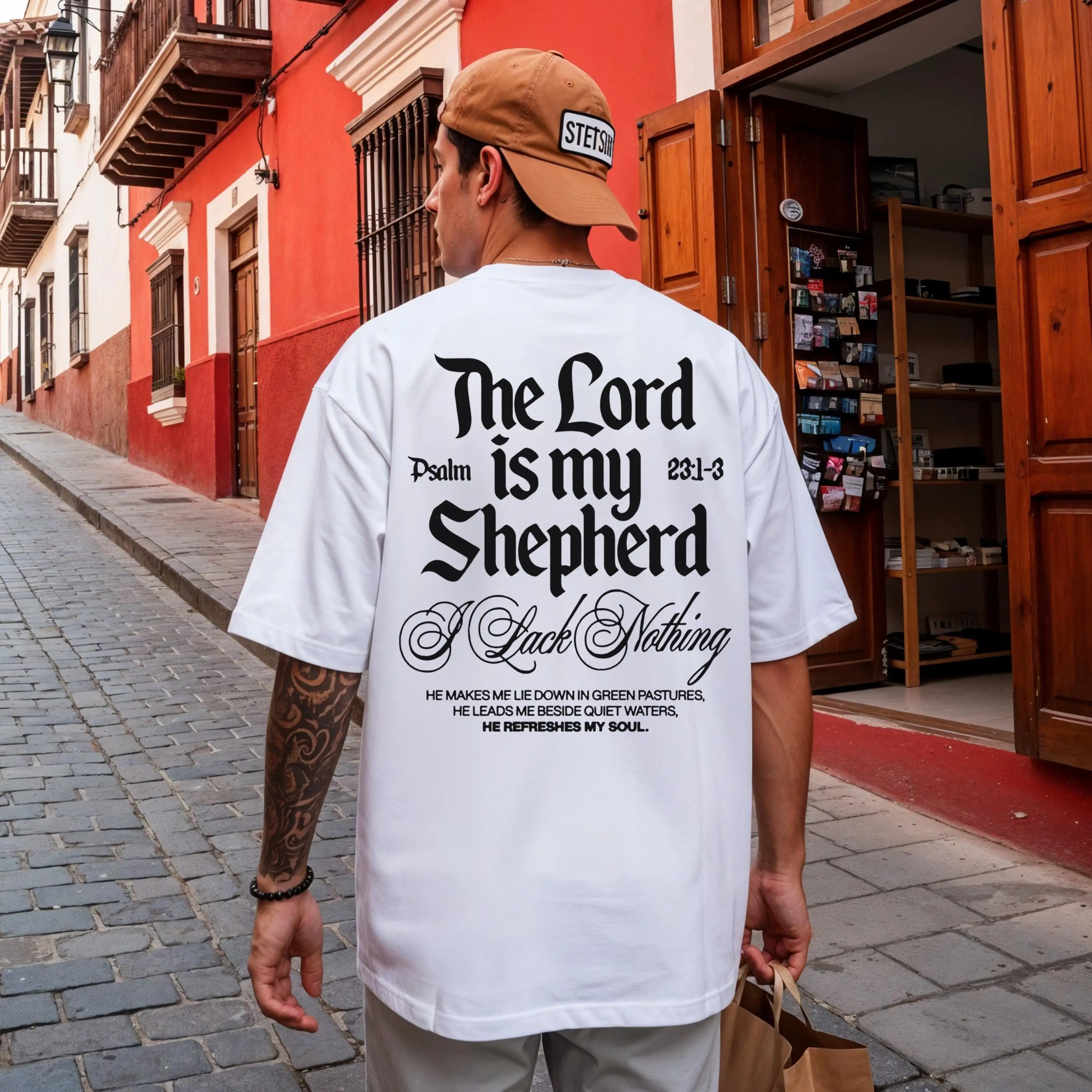 Gothic Letter Psalm 23 The Lord Is My Shepherd T-shirt Christian Faith Back Print Oversized Men Casual Short Sleeve Cotton Tees
