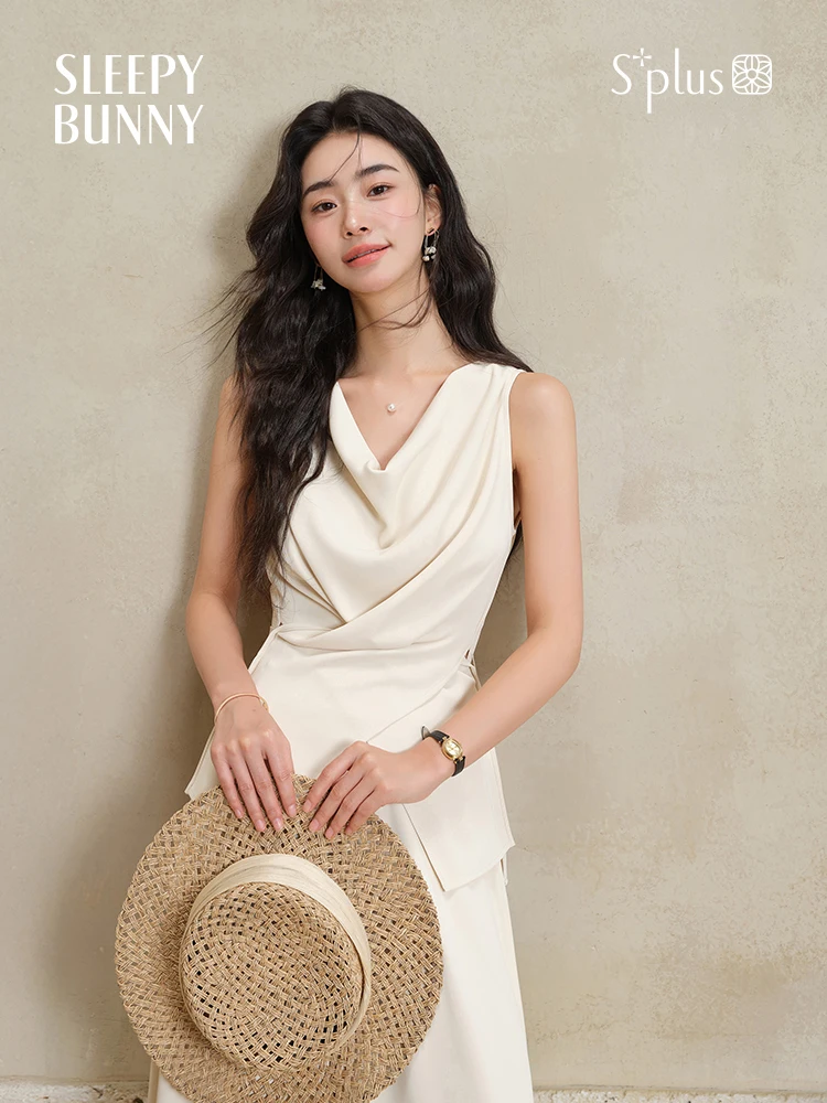 

Elegant White Cowl Neck Tank Top and High Waist Maxi Skirt Set Summer Sleeveless Outfit Women Chic Draped Vest with Long Skirt