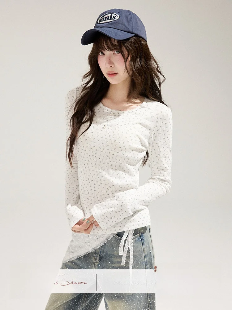 

Синяя футболка с цветочным принтом и длинными рукавами, белая, с лоскутным дизайном в горошек, повседневная, женская, хлопковая, с круглым вырезом