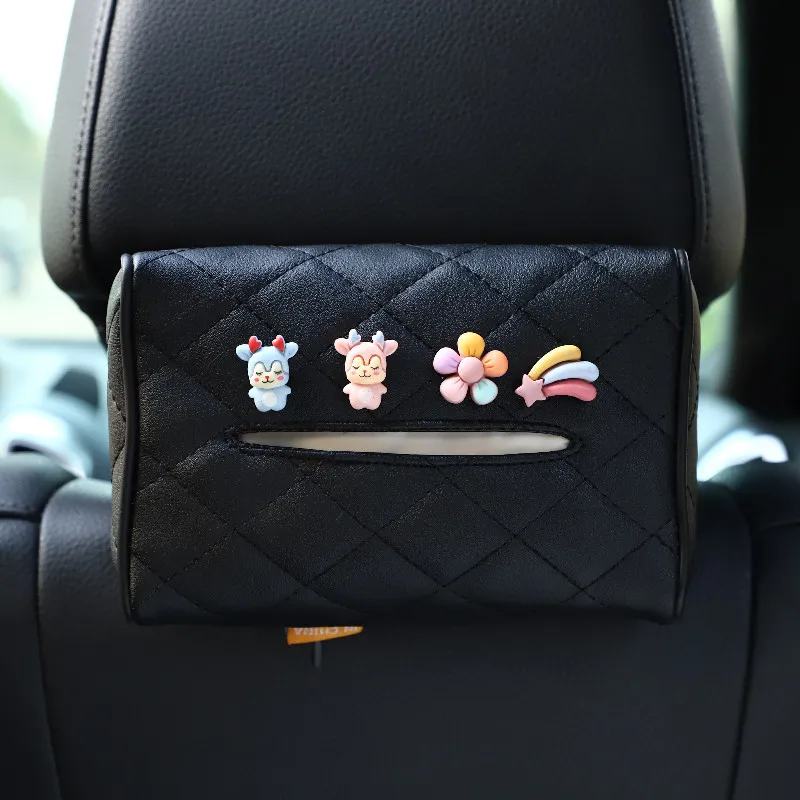 Leather Car Tissue Box Cartoon Cute Car Seat Back Hanging Drawout Box Multifunctional Armrest Box