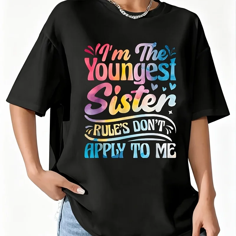 Youngest Sister Rules Don'T Apply to Me Women's 100% Cotton T-Shirt Fun Print Short Sleeve Top Casual Round Neck Tee S-5Xl