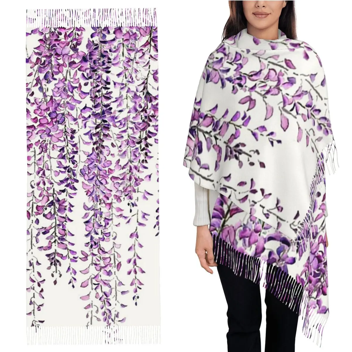 

Hand Painted Purple Wisteria In Bloom Scarf Tassel Scarves Women Soft Warm Shawls and Wraps Large Fall Winter Shawl Wrap