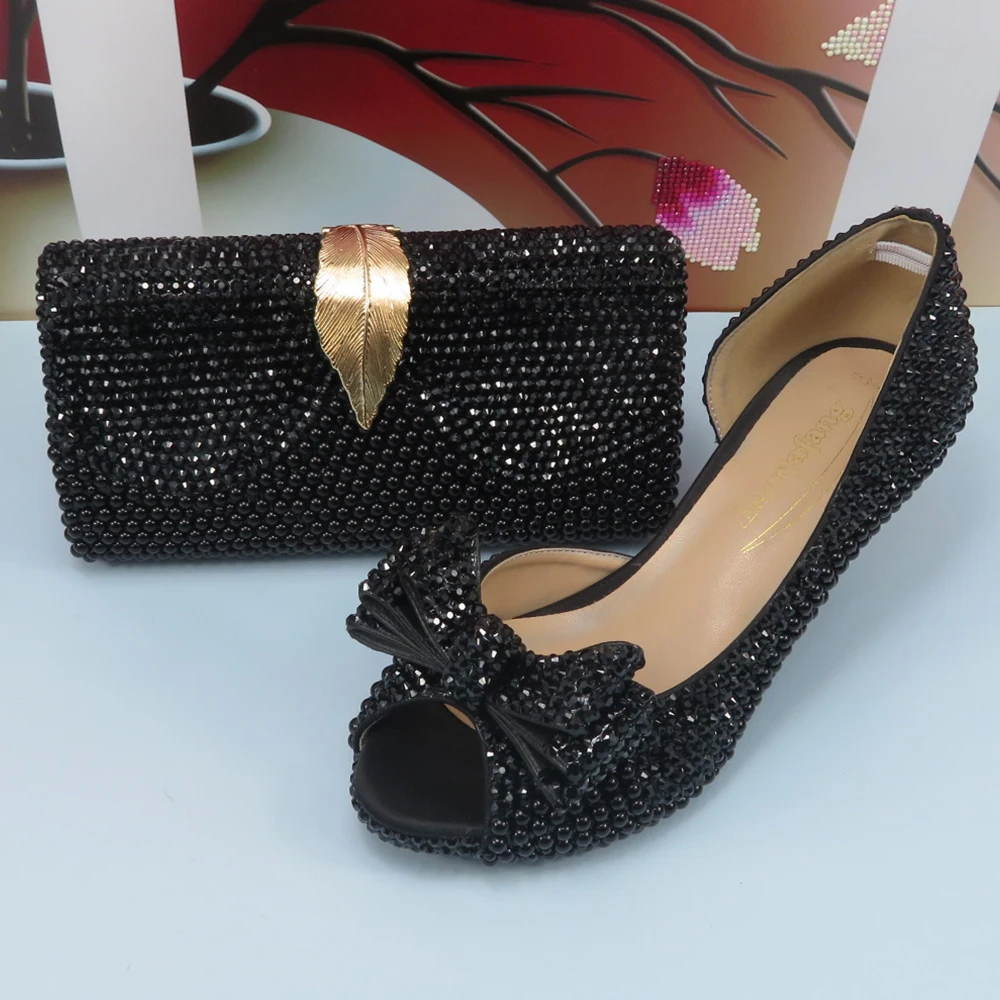 2023 New arrival Black Crystal Women wedding shoes with matching bags Peep toe High Pumps fashion Open Toe shoes and Purse