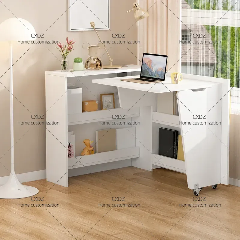 Cream Folding Desk with Bookshelf Integrated Corner Dresser for Bedroom Learning Computer Desk Multi Layer Storage Cabinet