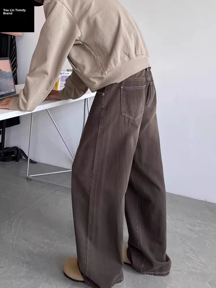 

Мужские джинсы-брюки с широкими штанинами и изогнутым низом, в американском ретро-стиле, с низкой посадкой, длинные, для работы, весна-осень