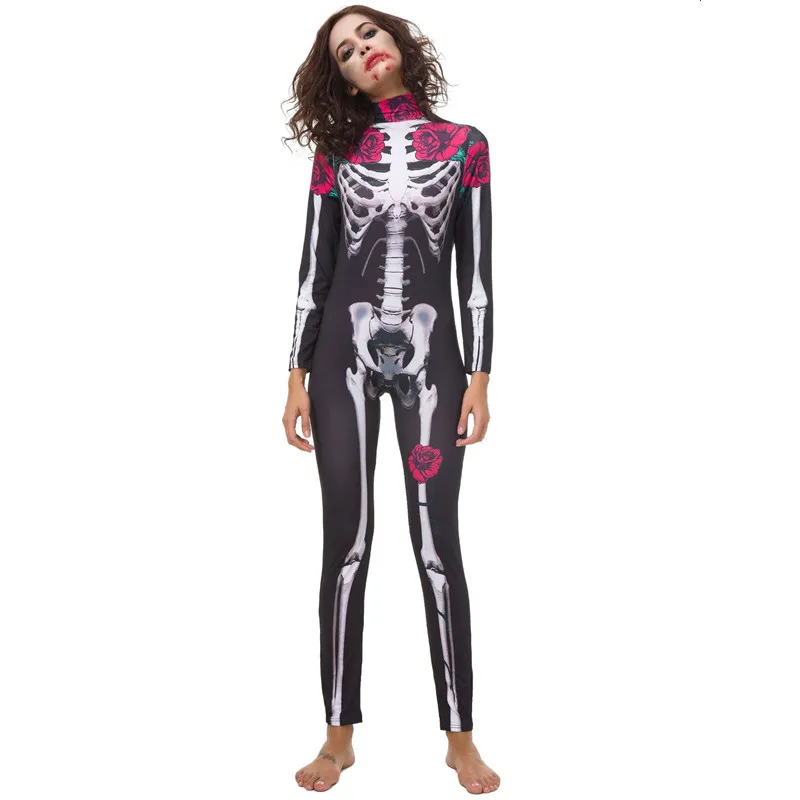 Women Girls Halloween Haunted House Themed Party Costume Long Sleeve Turtleneck Skeleton Rose Print Scary Sexy Jumpsuit Bodysuit