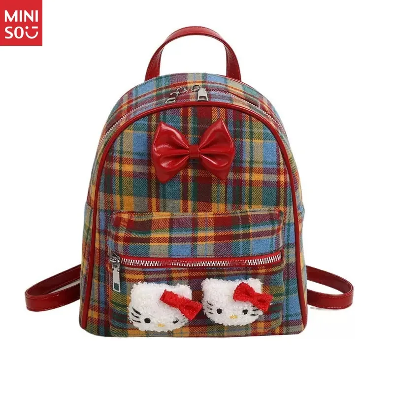 Miniso Retro Red Plaid Hello Kitty Backpack, Cute Bow Mini School Bag for Students & Girls
