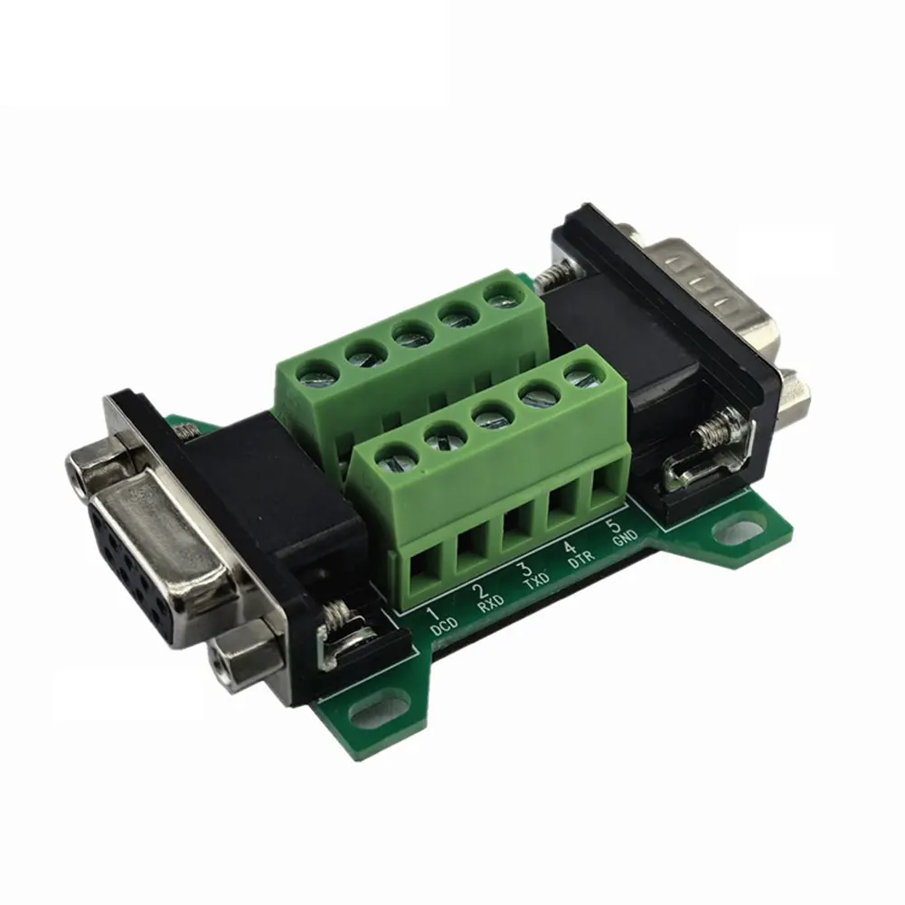 DB9MF-A Terminal Block Adapter Featuring Dual Male/Female Connectors with Solderless Installation for Electronic Projects