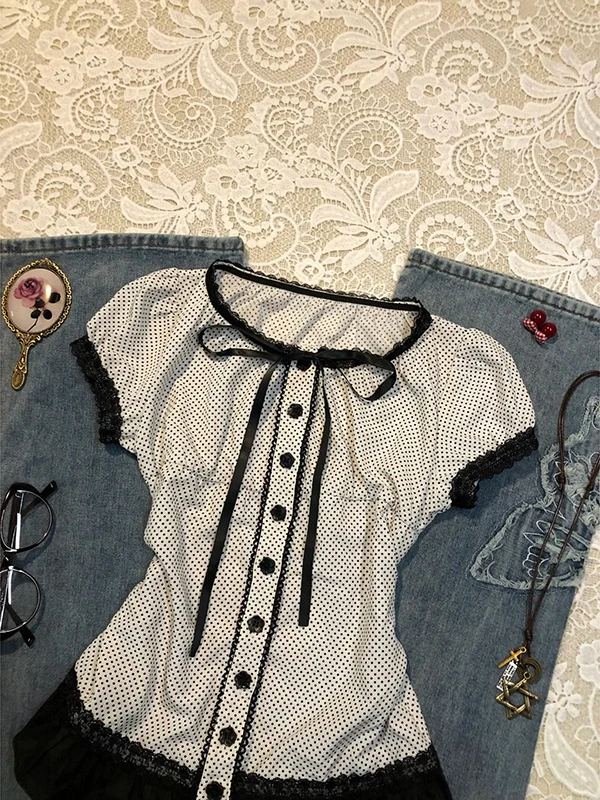 Оригинальный белый ор Све irt в горошек для женщин, винтажный летний топ из смеси хлопка Faion для поездок на работу, облегающий топ