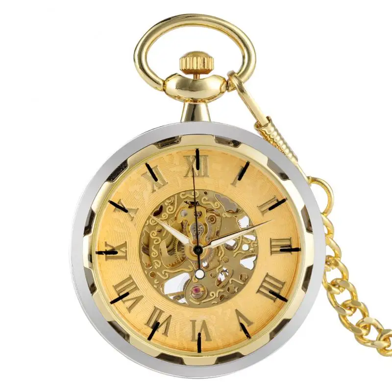 Vintage Golden Open Face Design Handwinding Mechanical Pocket Watch for Men Women with Pendant FOB Chain Luminous Hands Clock
