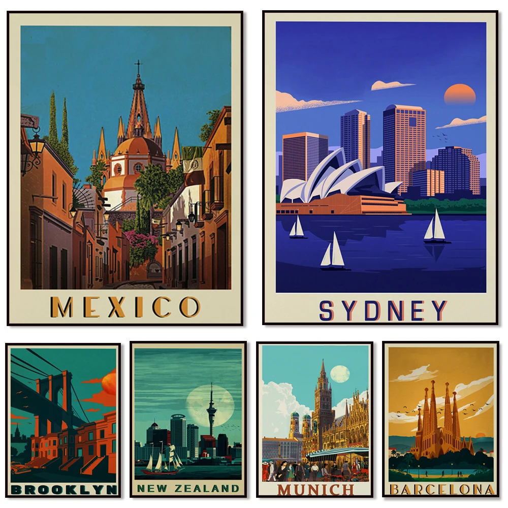 Brooklyn, Barcelona, Sydney, Rome, Munich, Mexico, New Zealand, Antalya, Prague, Antarctica city travel poster canvas printing