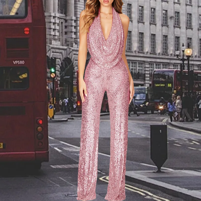 レディース高級スパンコールジャンプスーツ　新作ノースリーブバックレスグリッターワイドレッグパーティーロンパースワンピース　秋グリッターオーバーオール