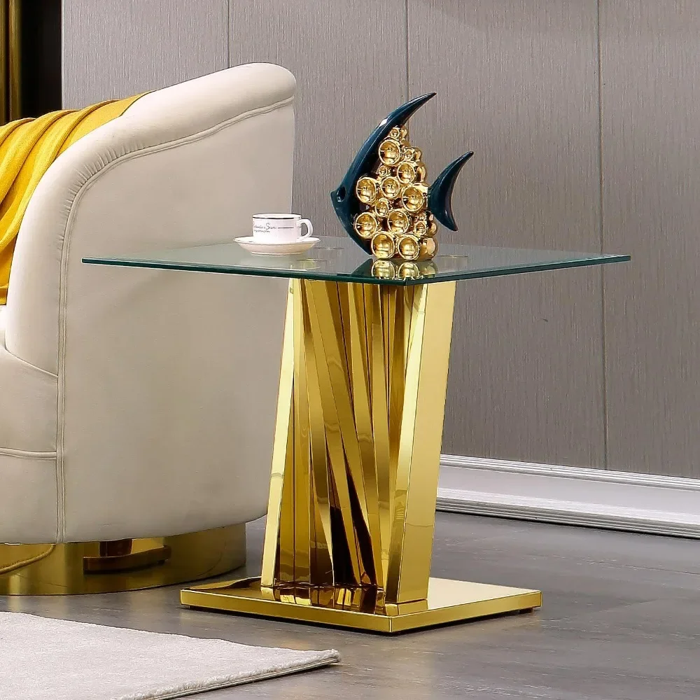 Gold Modern Square End Table, 24'' Glass Top & Polished Metal Base, Living Room, Hallway, Corner