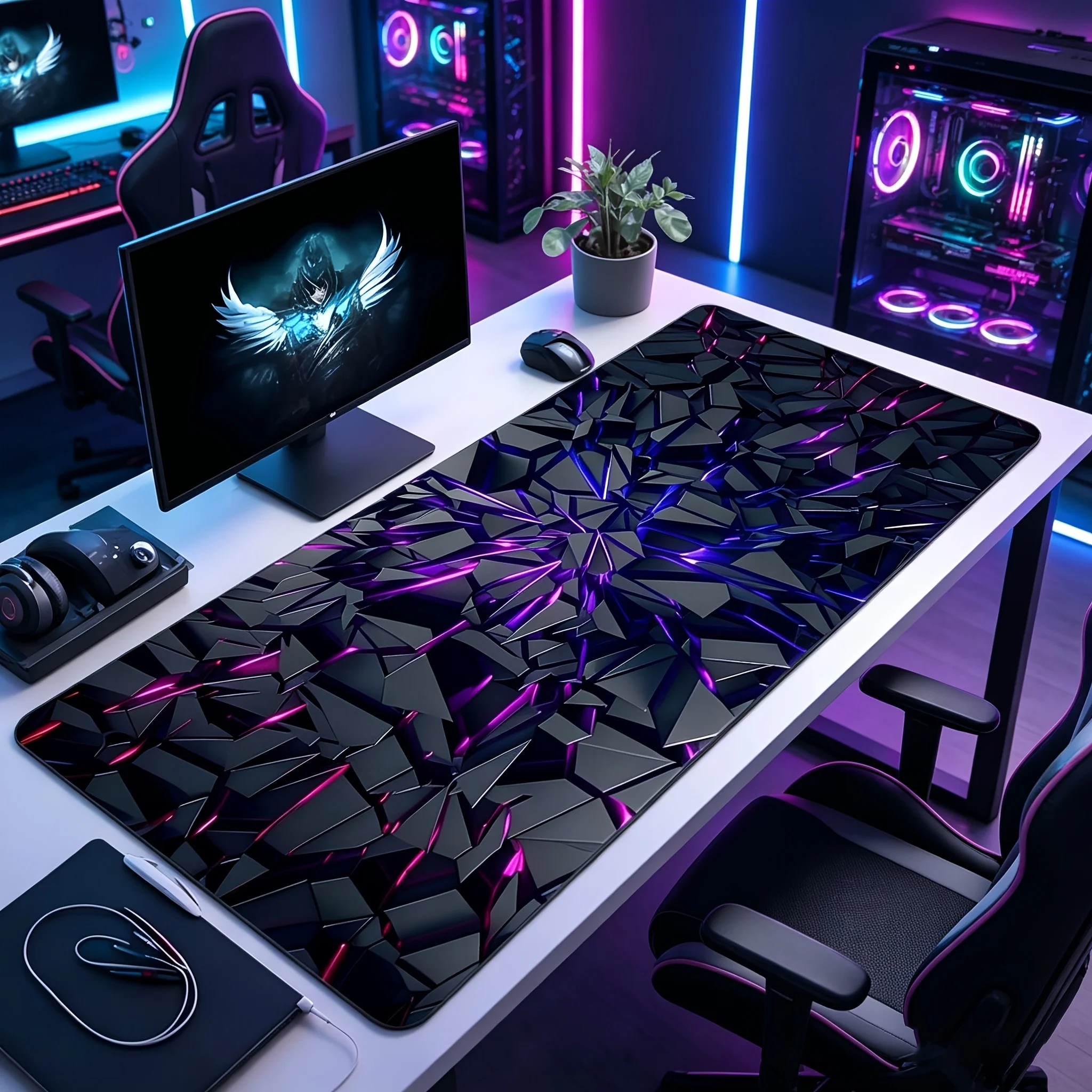 3D Purple Neon Crack Gaming Mouse Pad, Geometric Crystal Pattern Non Slip Mat for Gamers Home E-sport Office Desktop Accessories