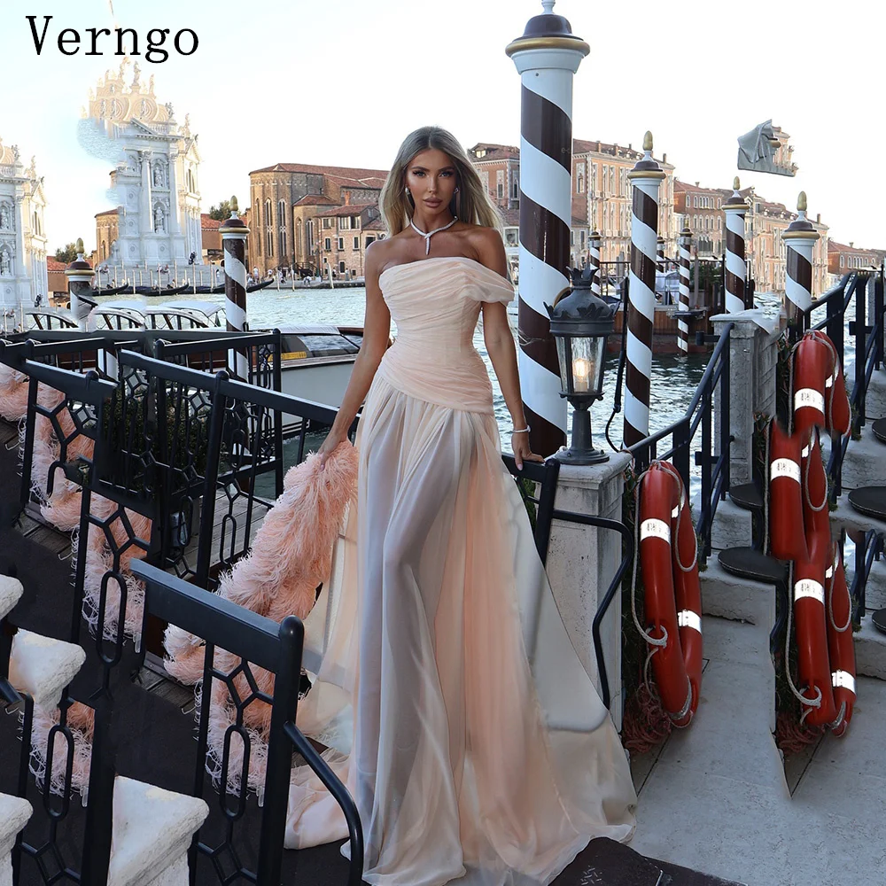 

Verngo Elegant Chiffon Evening Dress Off The Shoulder A Line Prom Gowns Hand Pleated Silk Celebrity Prom Party Gowns Customized