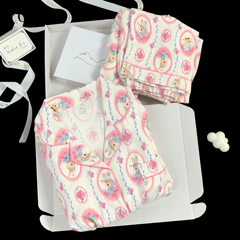 Sweet Rose Rabbit Flower Print Woman Pajama Set Spring Summer Clouds Cotton Pyjama Long Sleeve Pants Pijama Pjs Loungewear Suit