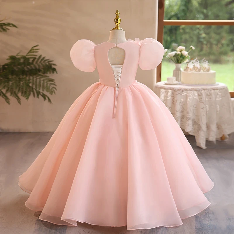 

Customized Pink Flower Girl Dress For Wedding Appliques Short Sleeve High Waist Floor Length Kids Birthday First Communion Gown