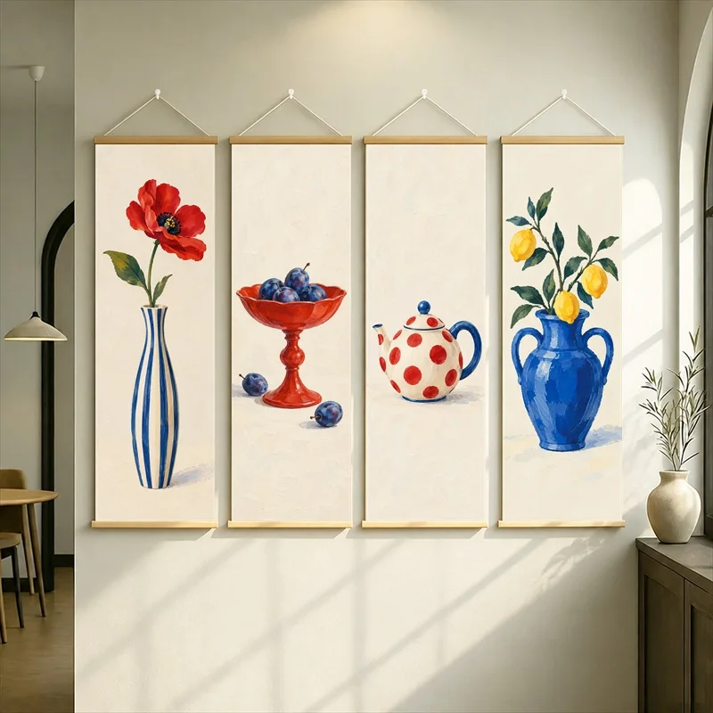 Flower Vases Berry Bowl and Teapot Hanging Scroll with Red and Blue Watercolor Still Life Illustrations for a Dining Room