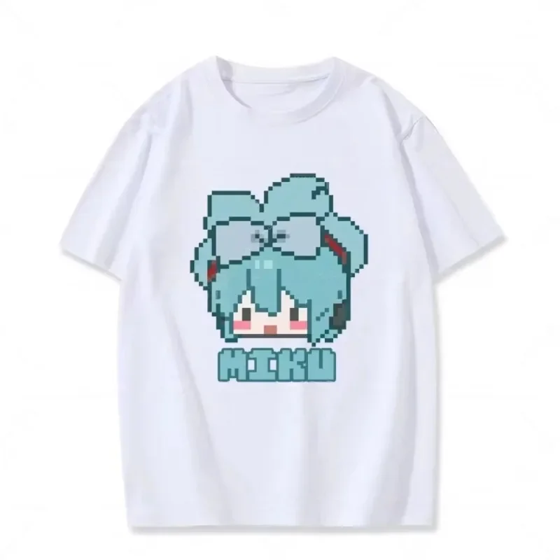 2026 Pixel Art Hatsune Miku Black Cotton T-shirt Unisex Summer Casual Top Breathable Daily Wear Fashion Tee boys and girls