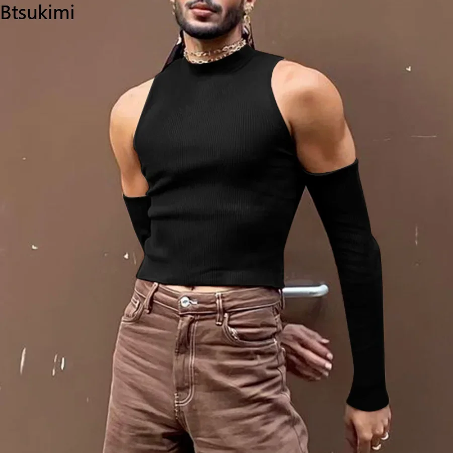 2024 Men\'s Fashion T Shirt Solid Turtleneck Long Sleeve Off Shoulder Casual Camisetas Hollow Out Streetwear Sexy Crop Tops Male