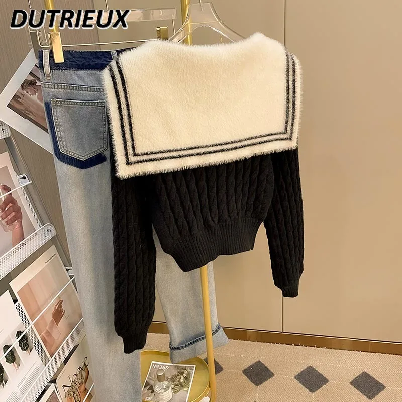 2023 Autumn New Sailor Collar Shawl Kawaii Sweet Bow Contrast Color Long Sleeve Sweater Tops Student Knitted Shirt for Women