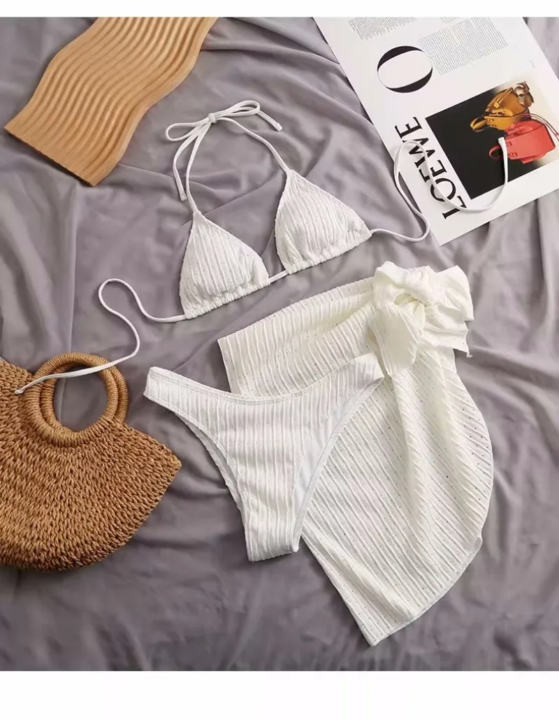 Seksowna koreańska moda prążkowana halter micro mini bikini zestawy trzyczęściowy z okładką spódnica krawat strój kąpielowy wyściełane stroje