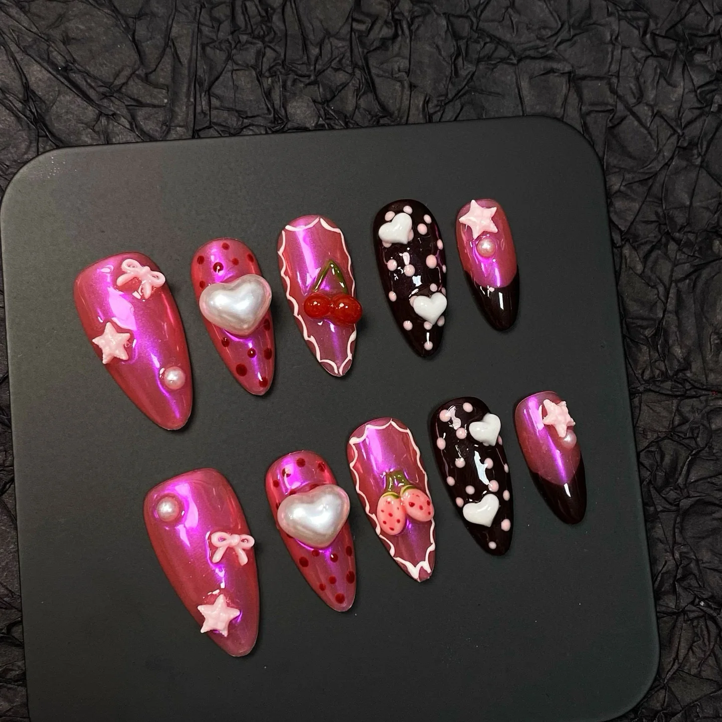 10 قطعة الحلو كول اليدوية الأظافر وهمية الإغاثة الفراولة الكرز ستار Bowknots ديكور اضغط على الأظافر فتاة حار الصيف أظافر صناعية