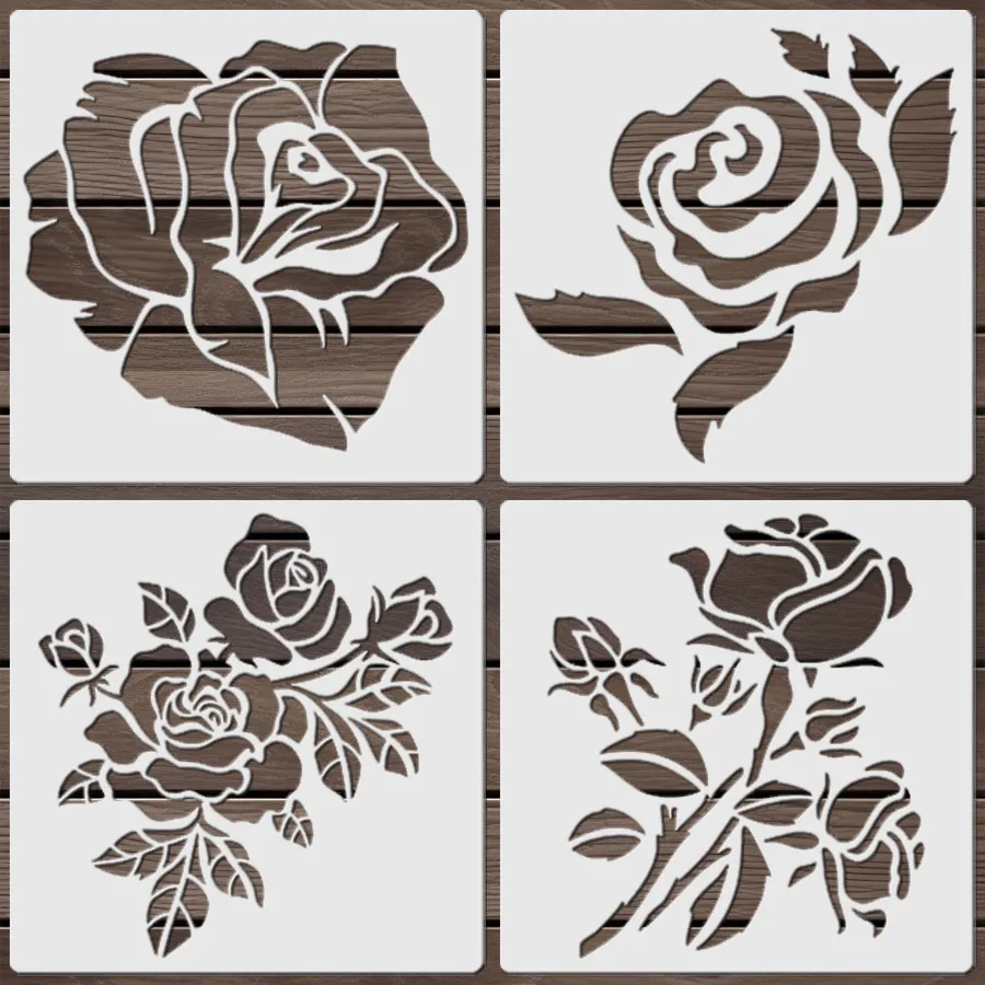 مجموعة استنسل زهرة الورد - قوالب رسم PET قابلة لإعادة الاستخدام للديكور DIY (4 قطع)