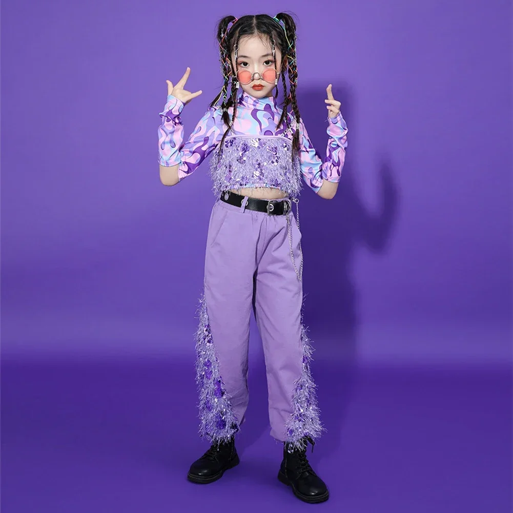 Mode Danskostuum voor Kinderen Meisje Top + Broek Pailletten Outfit Hip Hop Jazzdanskleding Teamprestaties Set Paars 4-16 Jaar