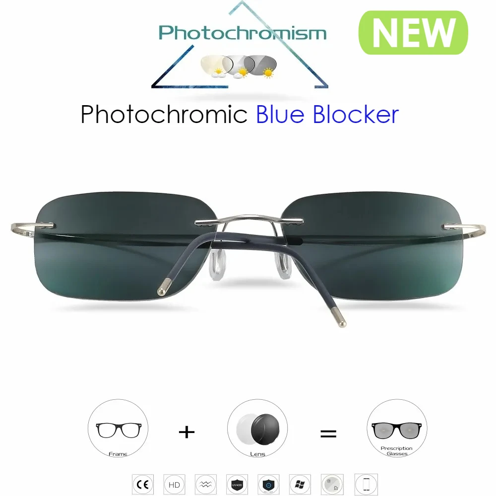β-Titanium Rimless Eyewear Readin Glasses Photochromic Men Women Chameleon Eyeglasses Lens with Diopters 1.0 1.5 2.0 2.5 3.0