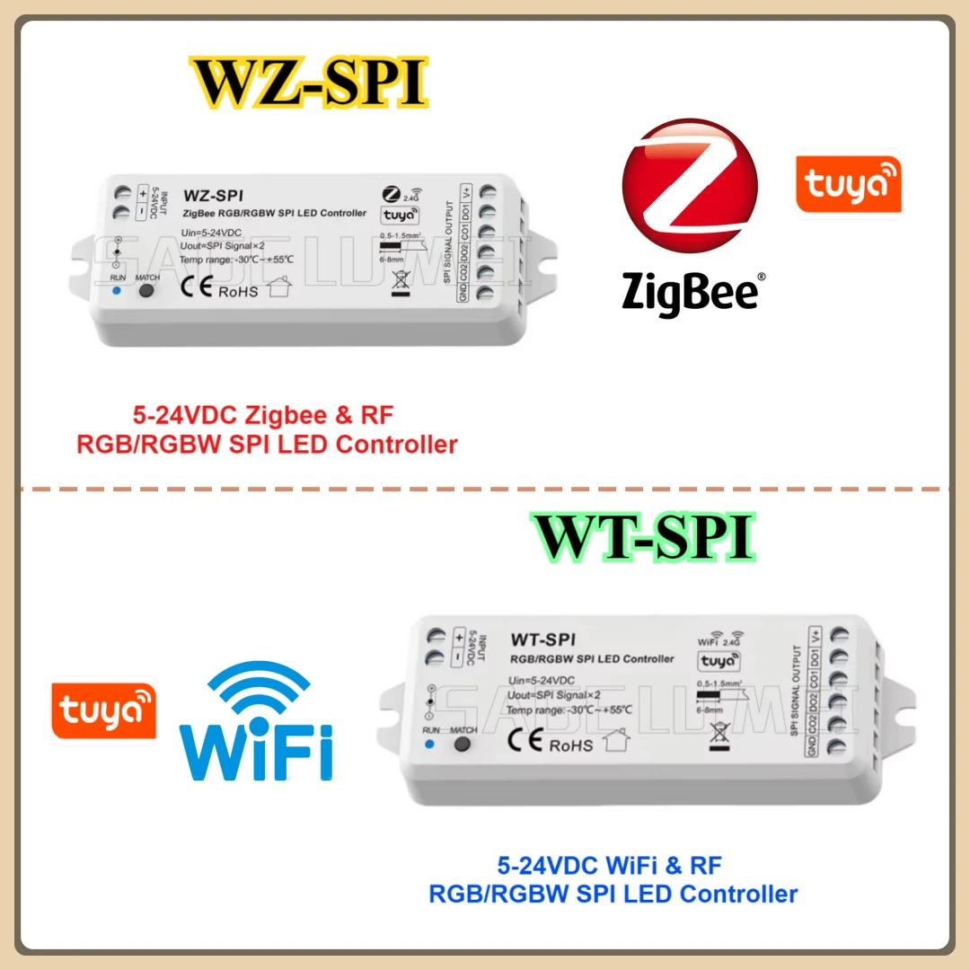 DC5V-24V WT-SPI/WZ-SPI Tuya WiFi Zigbee+RF SPI LED Controller WS2811 Ws2812 Ws2815 SK6812 RGB/RGBW LED Strip Pixel Modules Light