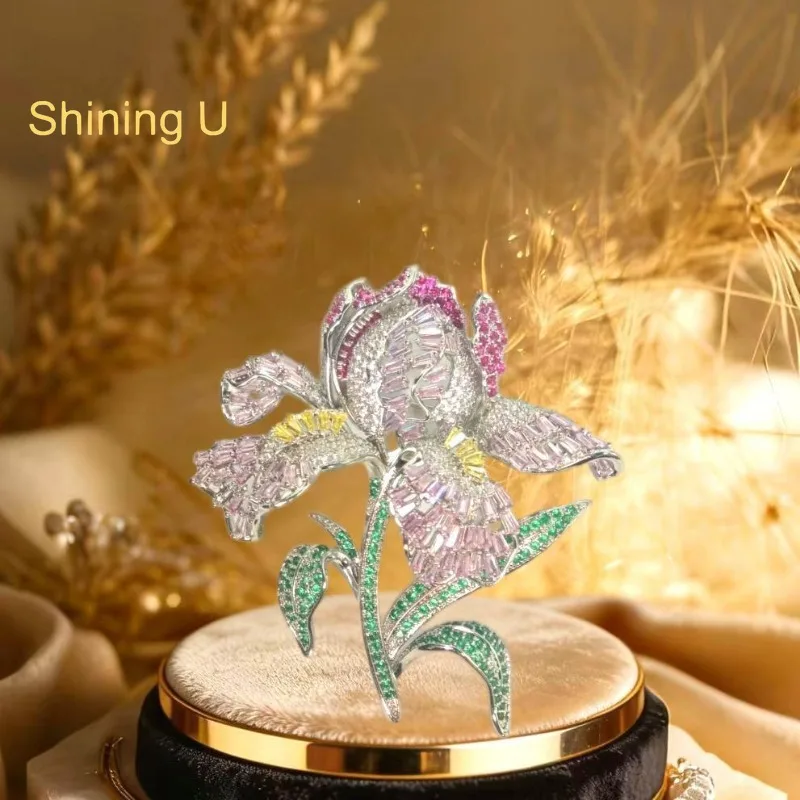 Shining U Luxury Pink Iris Brooch for Women Fashion Accessory Autumn