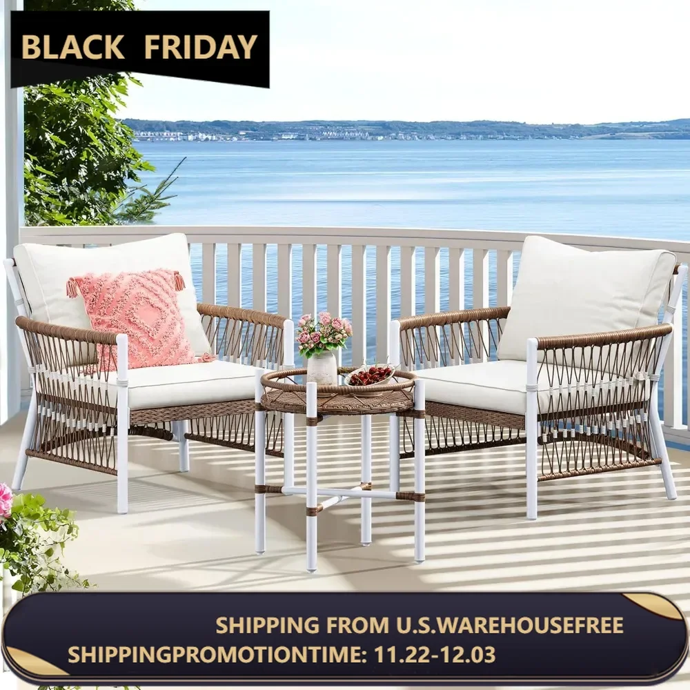 3-Piece Outdoor Patio Furniture Wicker Bistro Set, All-Weather Rattan Conversation Chairs for Backyard, Balcony