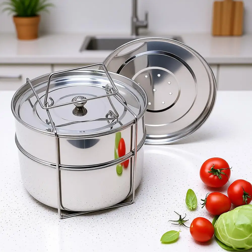 

Deep Stackable Steamer Insert Pans - 2 Tier | Interchangeable Lids | 5 Additional Mini Cups or Bg