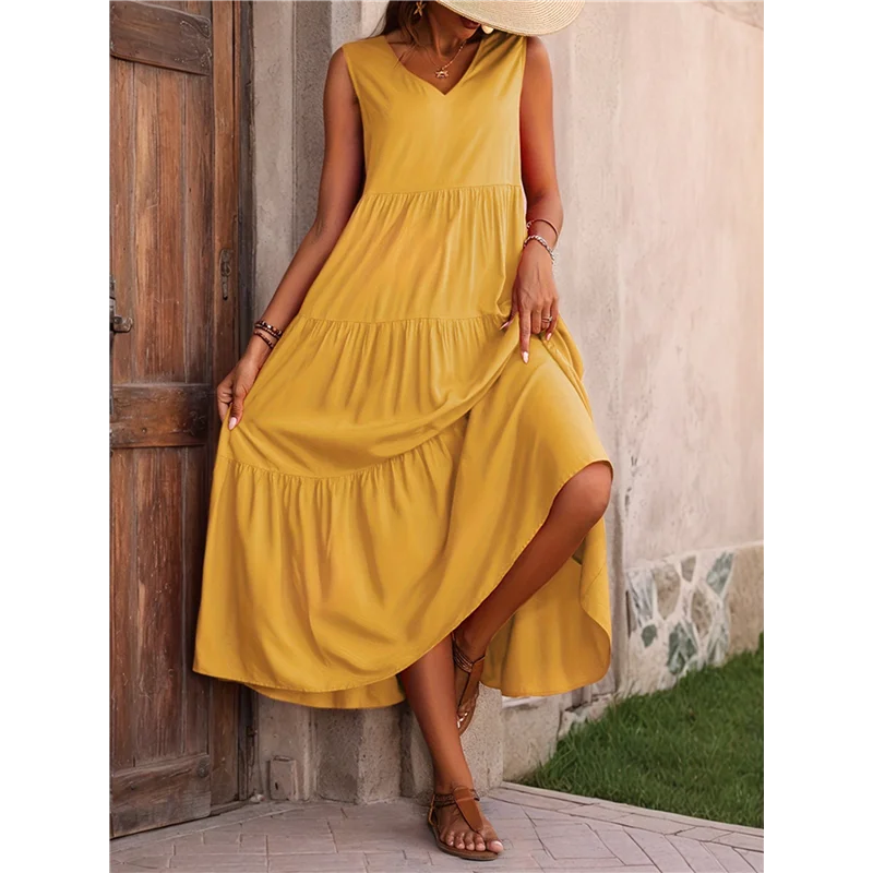 【SEE】Vestidos femininos de verão sem mangas maxi vestido com decote em V casual flowy em camadas