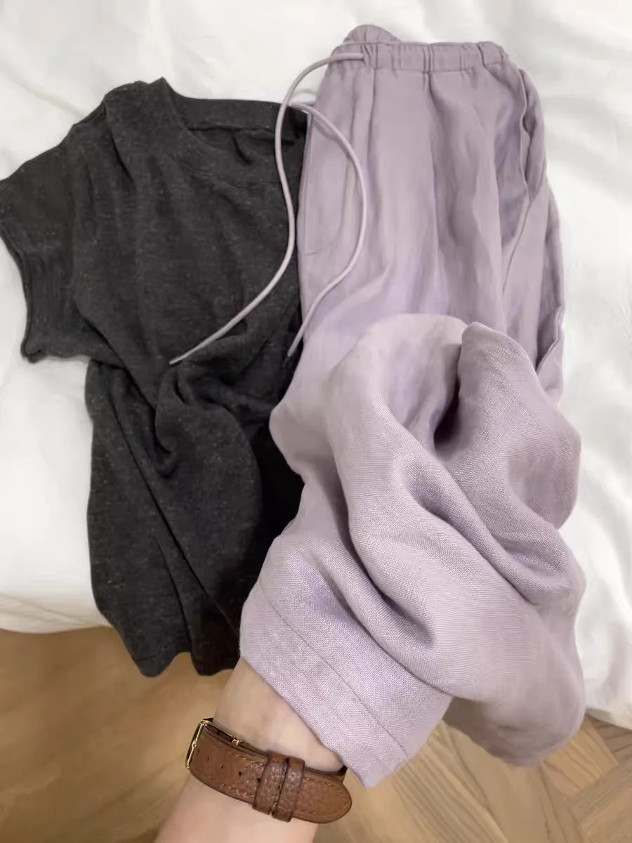 

Unique Thin Unique Purple Wide Leg Pants Women's Summer Casual Loose Linen Pants Comfortable Walking Trousers Straight Cut