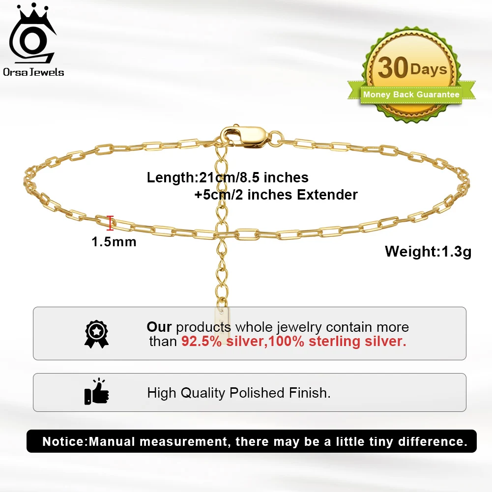 ORSA JEWELS 1.8*4.2mm Paperclip Chain Anklet 925 Silver Women Summer Foot Chain Bracelet Fashion Ankle Straps Jewelry Gift SA22