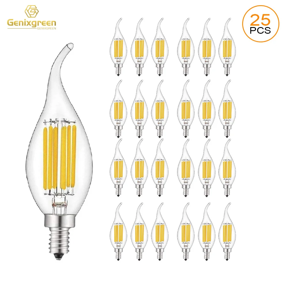 Genixgreen Vintage 6W LED Candle Light Bulb Antique C35 Shape Flame E14 Candelabra Base Warm White 2700K Dimmable Filament Bulbs