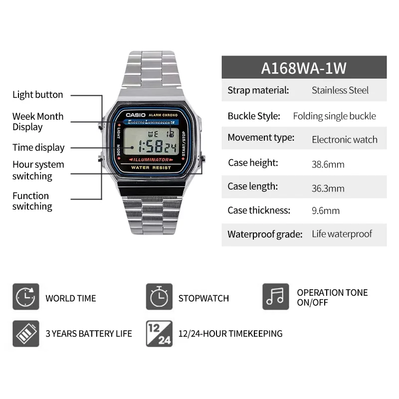 CASIO A168 Retro Square Digital Watch | Silver/Gold, Backlight & Water Resistant Birthday Watch